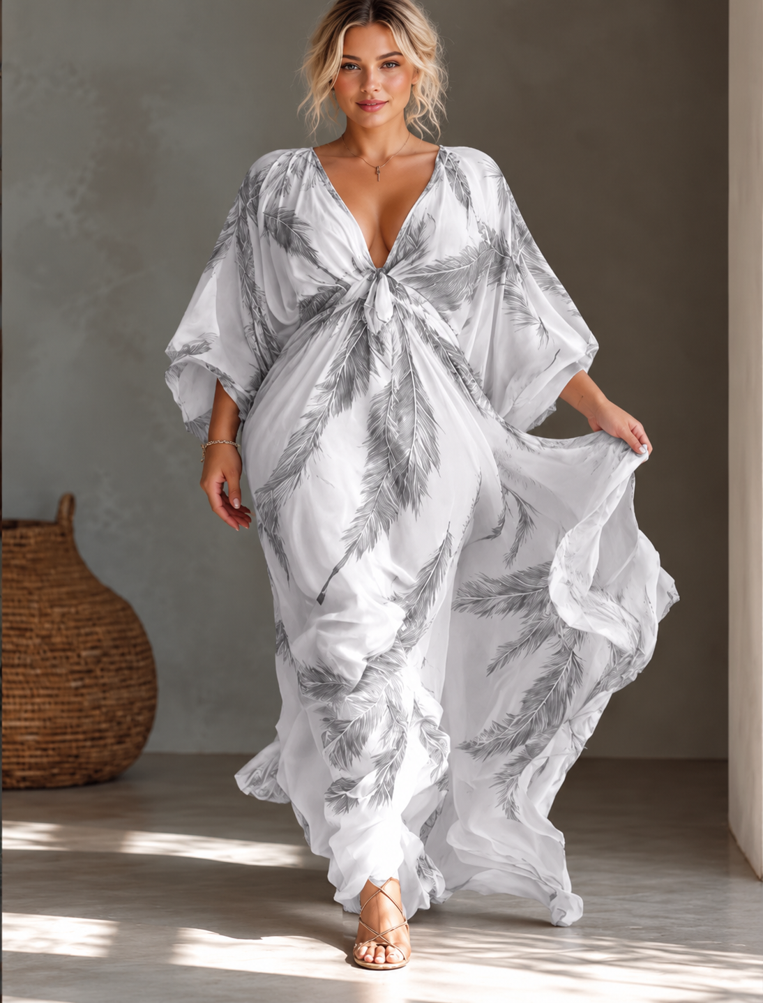 Full Size Feather Print V-Neck Flowy Maxi Dress Plus Size
