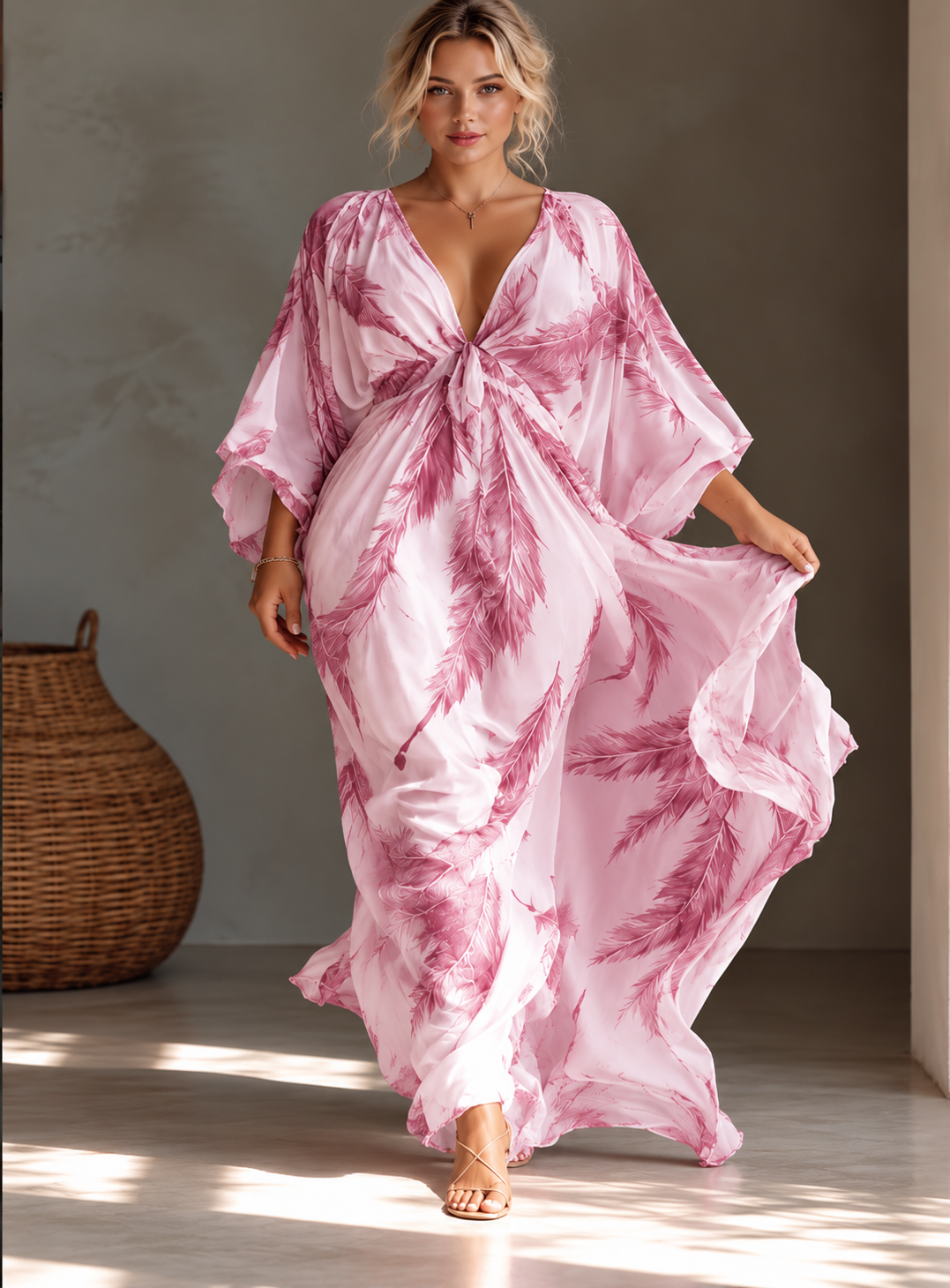 Full Size Feather Print V-Neck Flowy Maxi Dress Plus Size