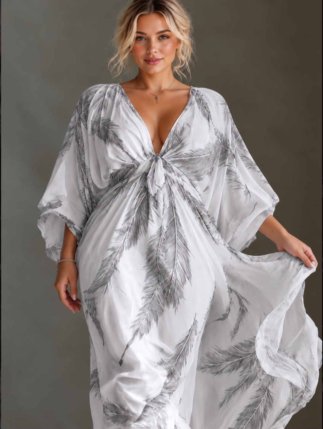 Full Size Feather Print V-Neck Flowy Maxi Dress Plus Size