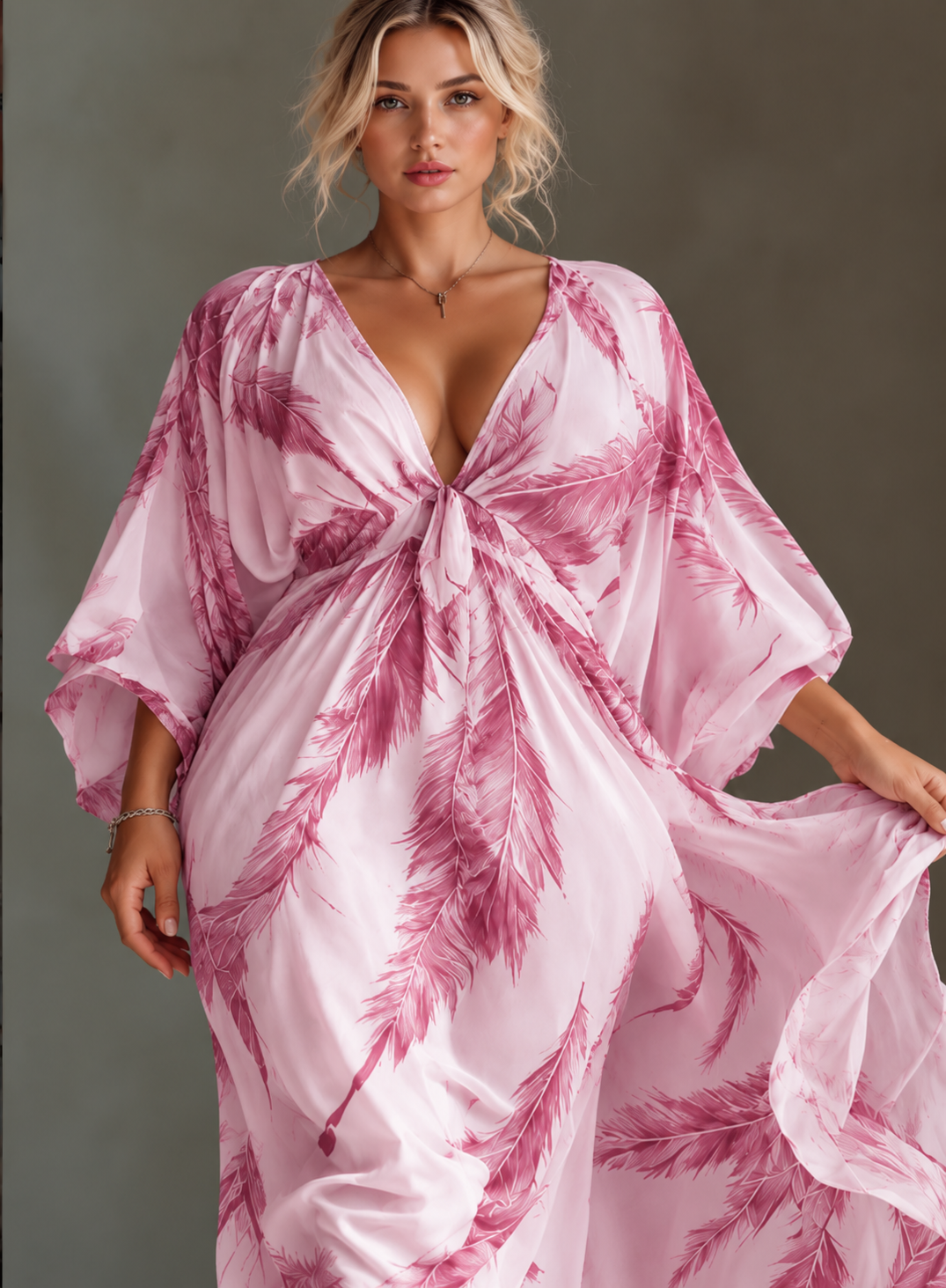 Full Size Feather Print V-Neck Flowy Maxi Dress Plus Size