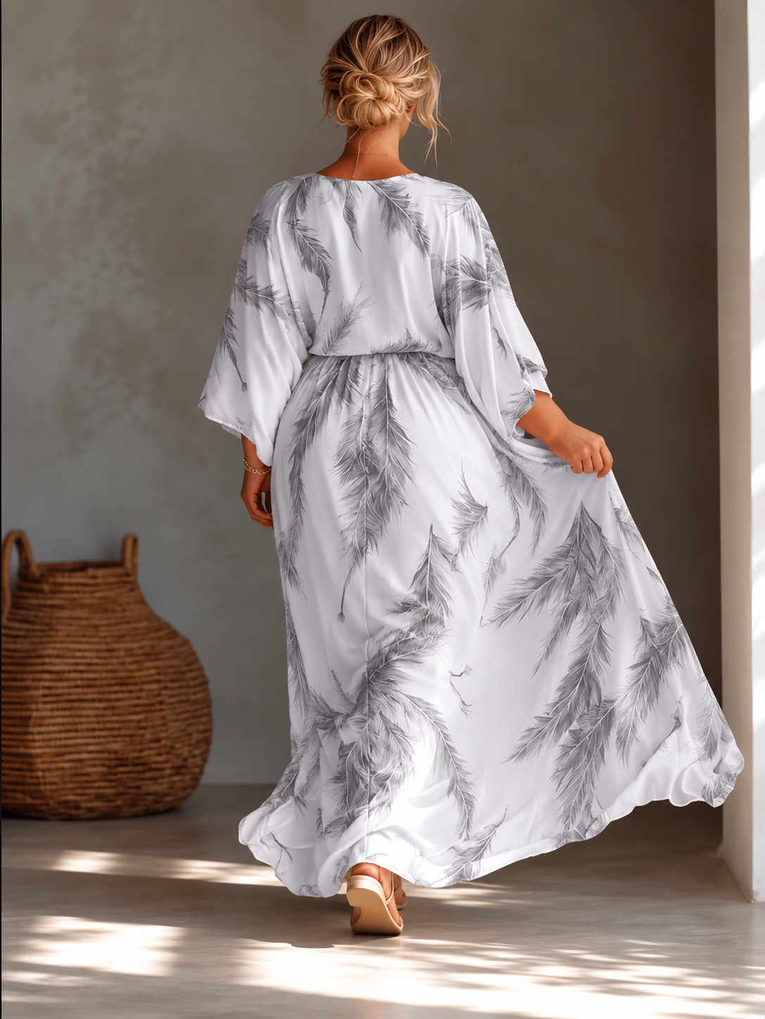 Full Size Feather Print V-Neck Flowy Maxi Dress Plus Size