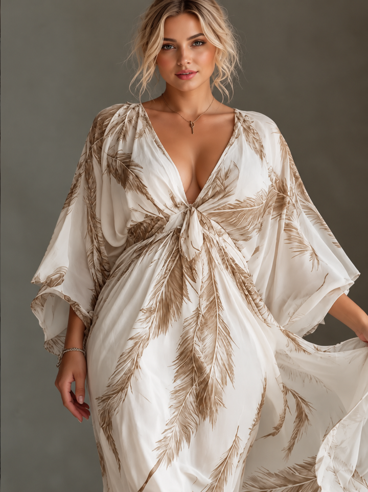 Full Size Feather Print V-Neck Flowy Maxi Dress Plus Size
