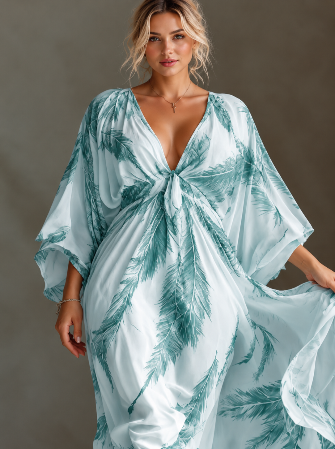 Full Size Feather Print V-Neck Flowy Maxi Dress Plus Size