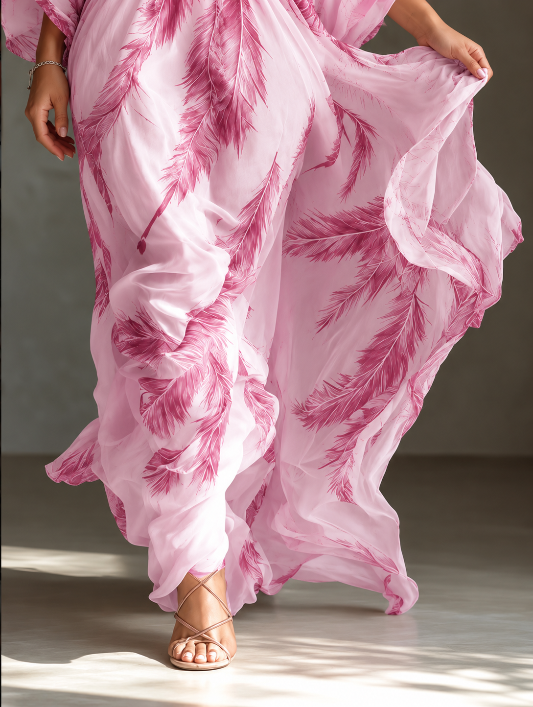 Full Size Feather Print V-Neck Flowy Maxi Dress Plus Size