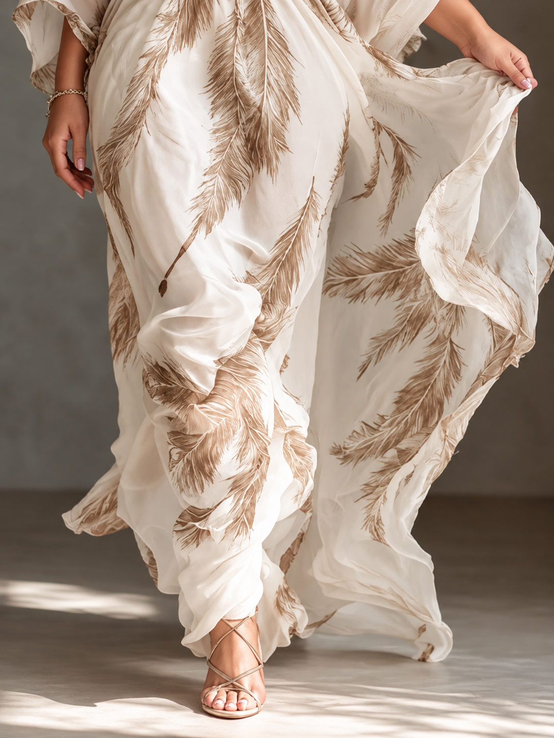 Full Size Feather Print V-Neck Flowy Maxi Dress Plus Size