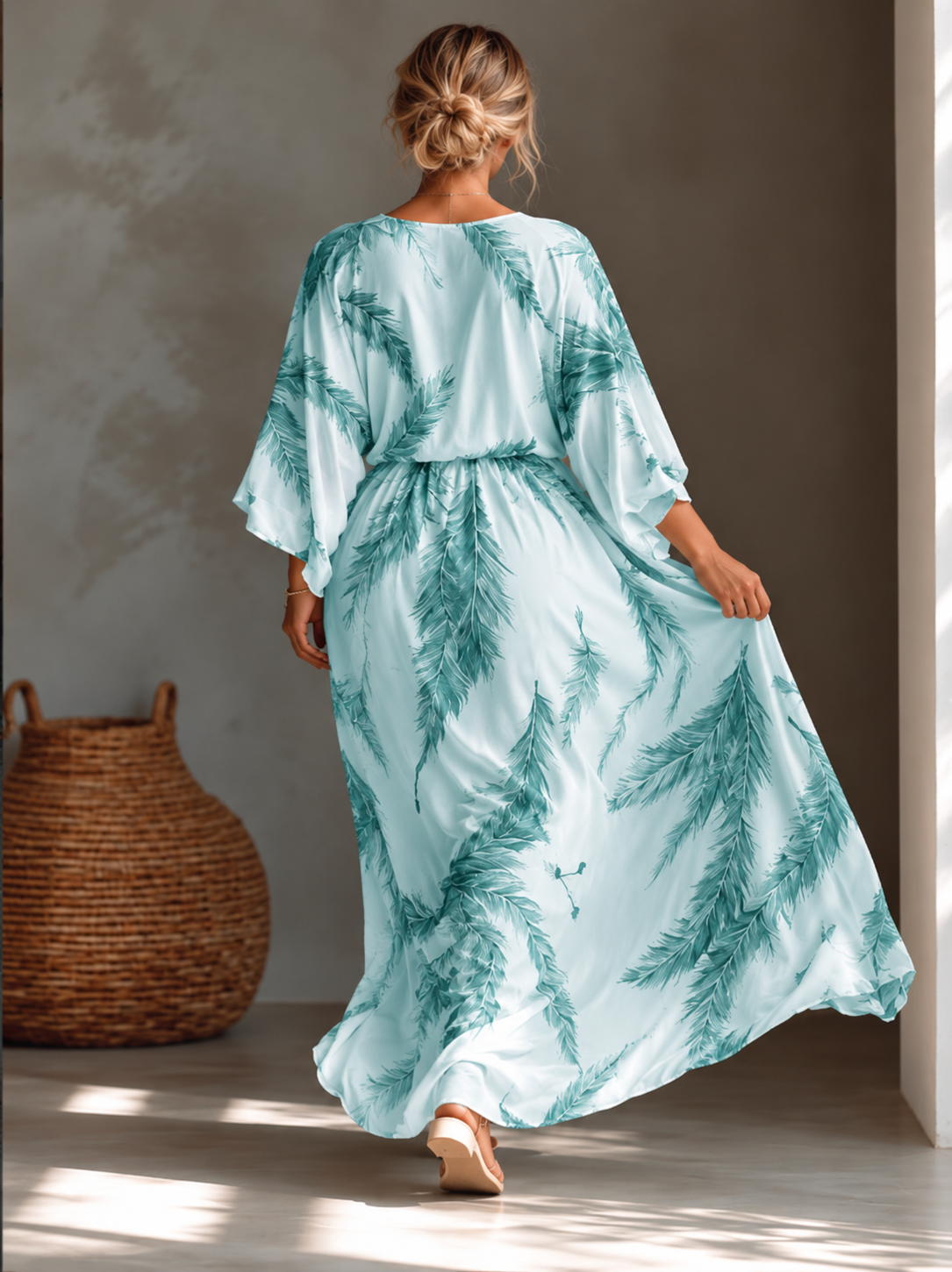 Full Size Feather Print V-Neck Flowy Maxi Dress Plus Size