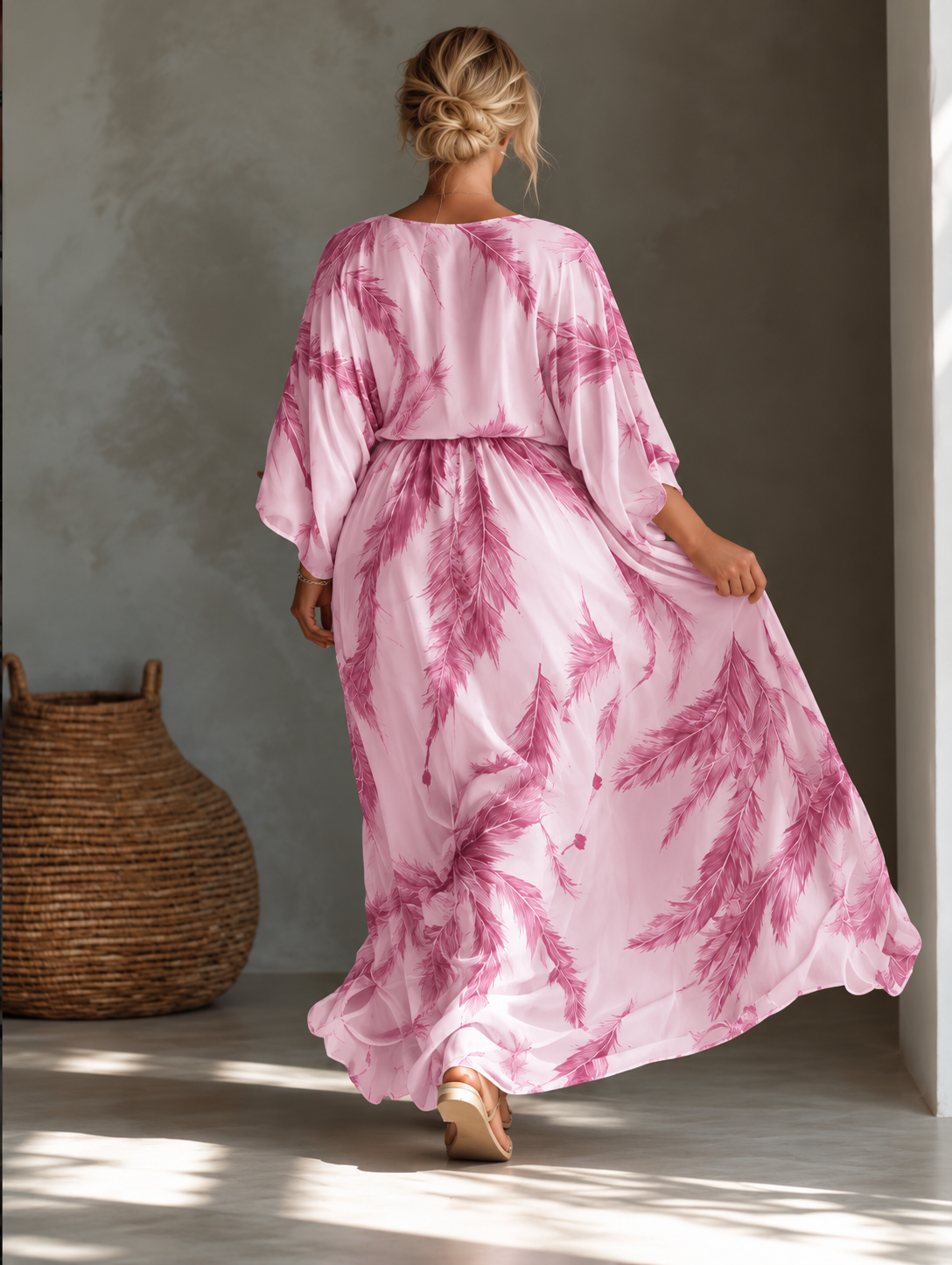 Full Size Feather Print V-Neck Flowy Maxi Dress Plus Size