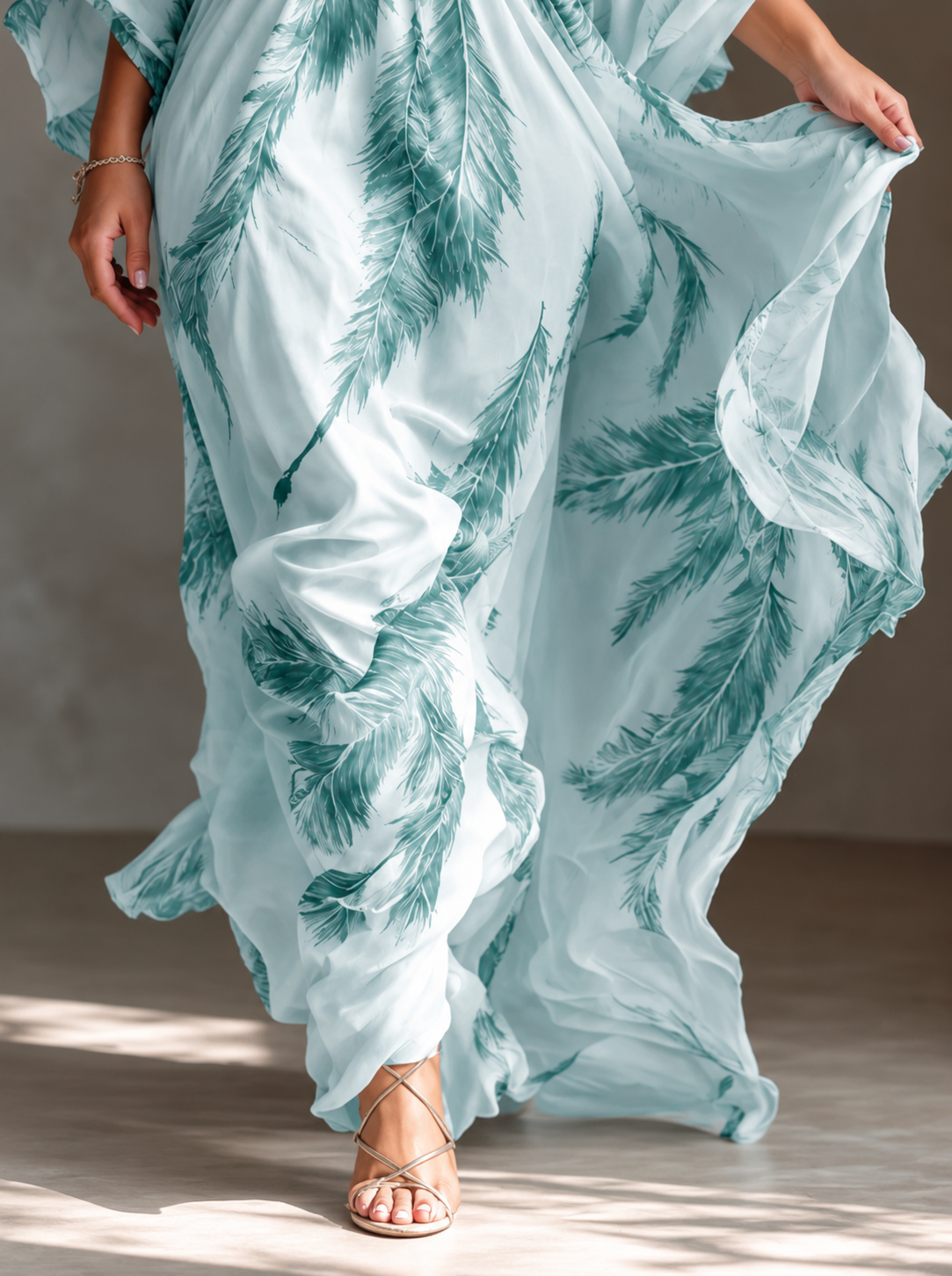 Full Size Feather Print V-Neck Flowy Maxi Dress Plus Size