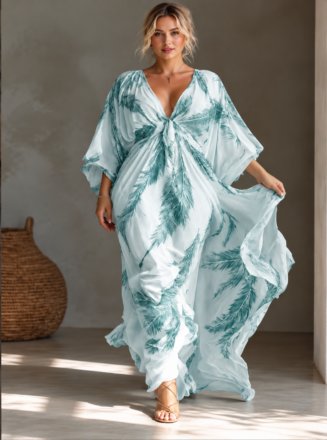 Full Size Feather Print V-Neck Flowy Maxi Dress Plus Size