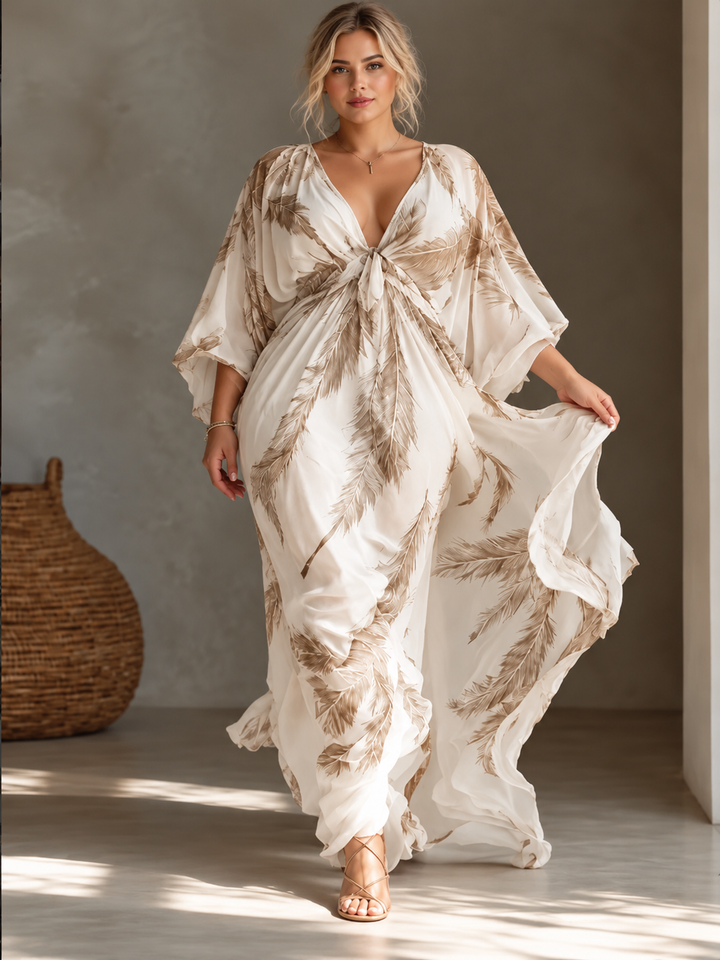 Full Size Feather Print V-Neck Flowy Maxi Dress Plus Size