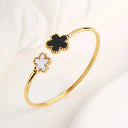 Classic Luxury Stainless Steel Five Leaf Flower Open Bangle High Quality Women Fashion Party Jewelry Gift Daily Wear Clover