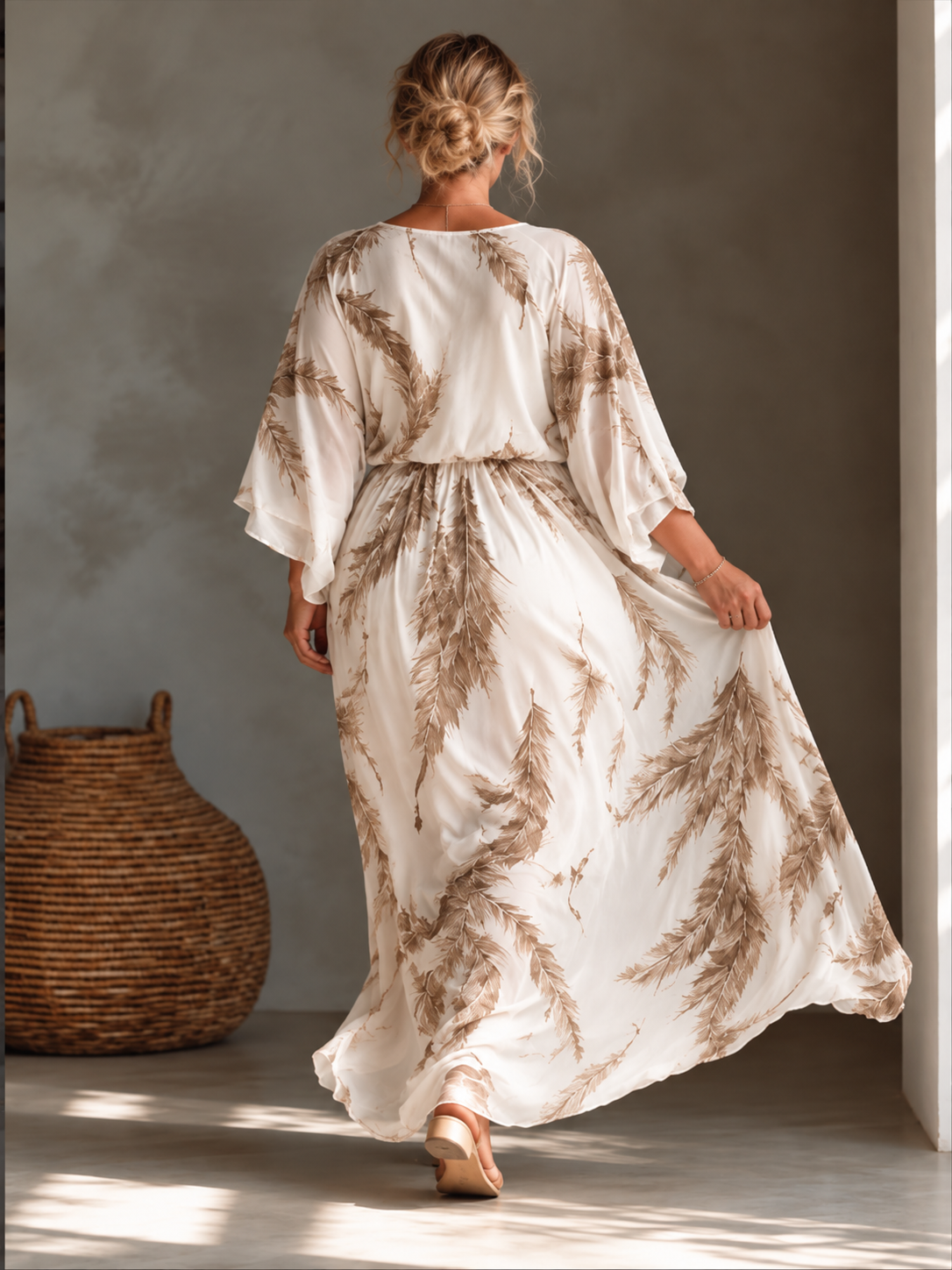 Full Size Feather Print V-Neck Flowy Maxi Dress Plus Size