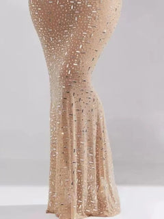 Rhinestone spaghetti strap maxi dress in beige with sparkling embellishments and slight stretch polyester fabric