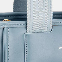 David Jones Small Handbag with embossed pattern handles in blue PU leather, stylish and versatile accessory.