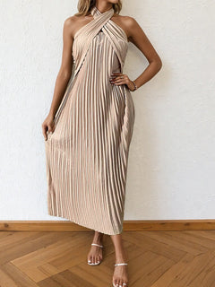 Beige pleated halter neck midi dress with tied detail and sleeveless design