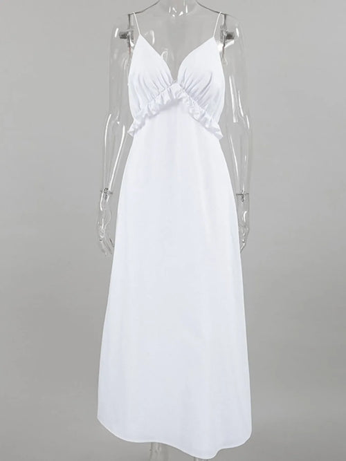 White ruffled V-neck maxi dress with thin straps and cotton lining on clear mannequin