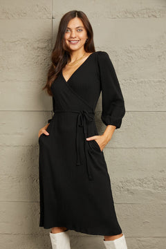 Culture Code full size black surplice wrap midi dress with ruched long sleeves and waist tie