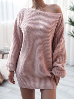 Pink rib-knit mini sweater dress with off-shoulder design and long sleeves in soft acrylic material