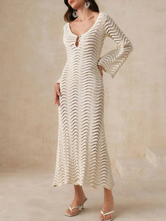 Wave Openwork Crochet Maxi Knit Dress with Cutout and Tied Features, Slight Stretch, 100% Polyester.