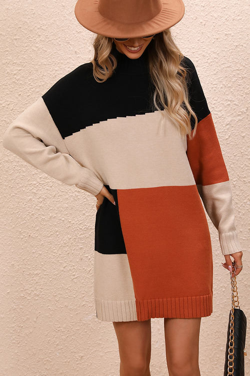 Color block mock neck mini sweater dress with dropped shoulders and long sleeves in black, beige, and rust colors