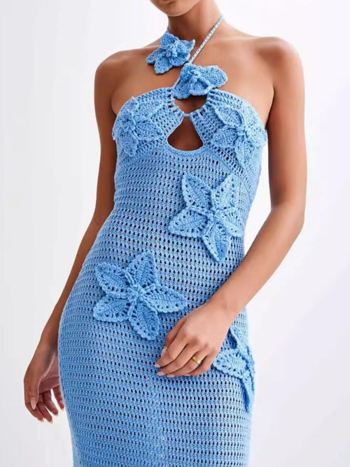 Crochet floral halter knit cover up dress in blue with tied design.