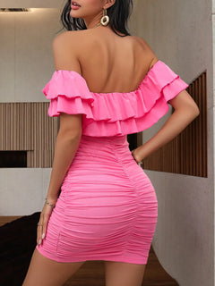 Pink off-shoulder ruffle bodycon dress with layered ruffles and ruched stretchy fabric