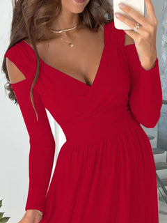 Plus size red full length slit surplice cutout long sleeve maxi dress