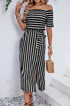 Perfee Slit Off-Shoulder Tie-Waist Midi Dress