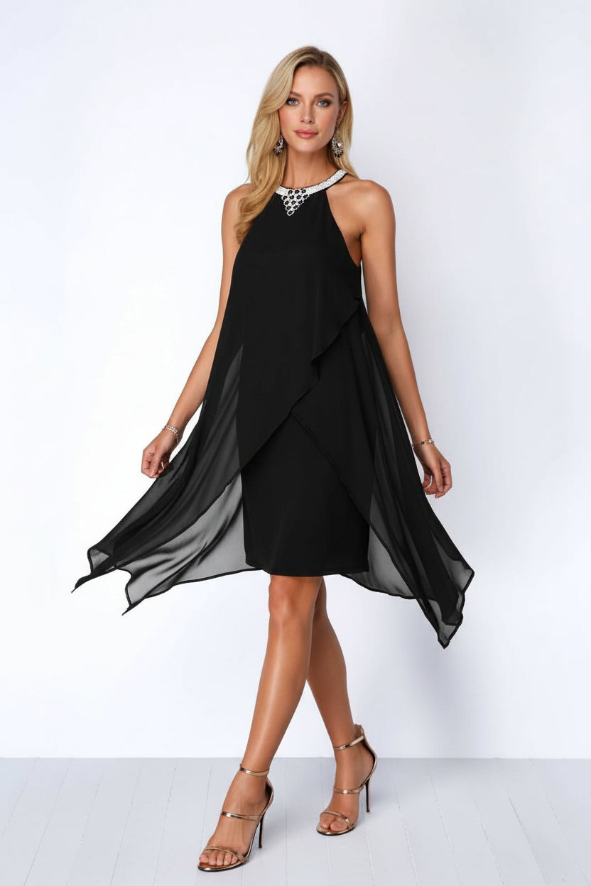 Black Cocktail Dress Round Neck Chiffon Sleeveless Dress - Jsandiclothing.com
