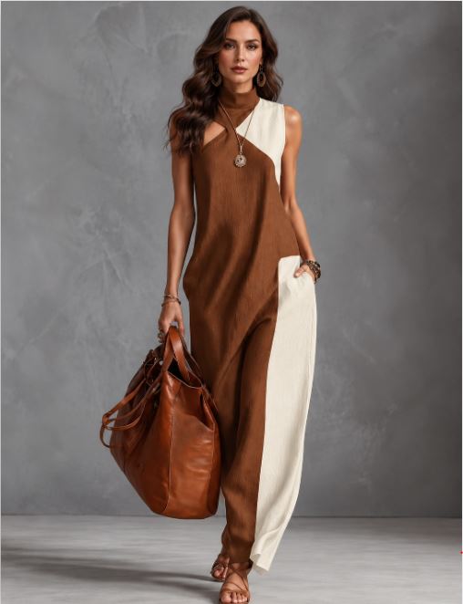 Full Size Color Block Mock Neck Sleeveless Maxi Dress Plus Size | JSandiclothing