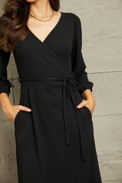 Culture Code Full Size black surplice flare midi dress with ruching sleeves and waist tie