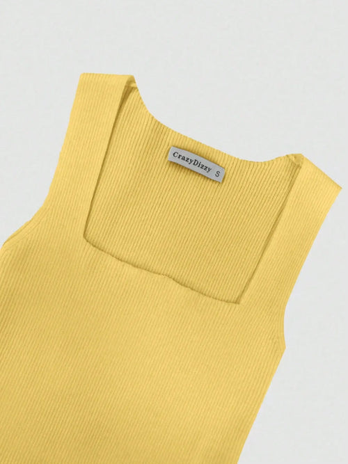 Yellow ribbed knit bodycon dress with square neckline and sleeveless design