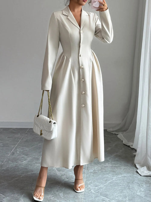 Elegant cream button-front long sleeve dress with ruched detailing and midi length