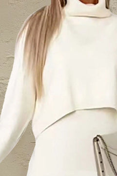 White turtleneck dropped shoulder sweater and dress two-piece set with moderate stretch