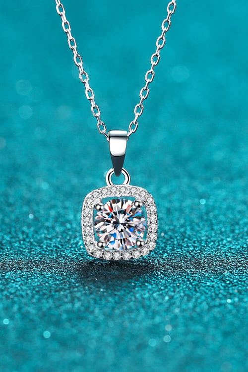 Moissanite square pendant chain necklace in sterling silver with zircon accents.