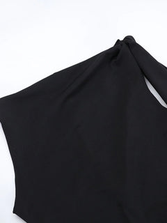 Black asymmetrical tied sleeveless maxi dress made of 100% polyester with no stretch and unlined body.