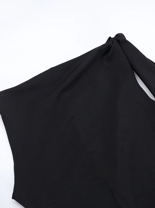 Black asymmetrical tied sleeveless maxi dress made of 100% polyester with no stretch and unlined body.