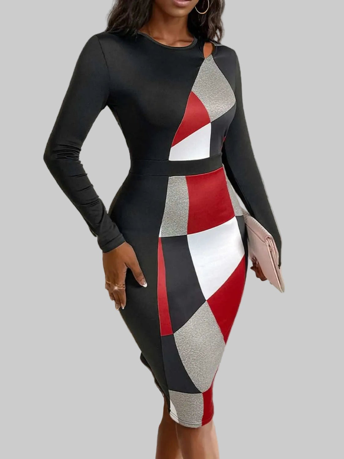 Chic Long Sleeve Midi Dress - Color Block, Patterned, Round Neck Elegance - Jsandiclothing.com