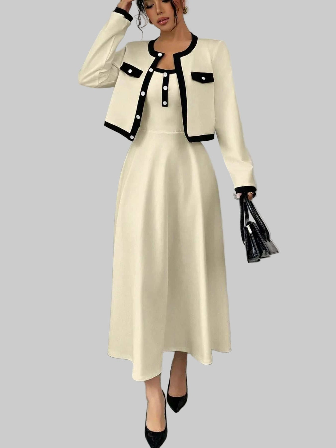 Contrast Trim Maxi Dress & Cropped Cardigan Set| JSandiclothing - Jsandiclothing.com