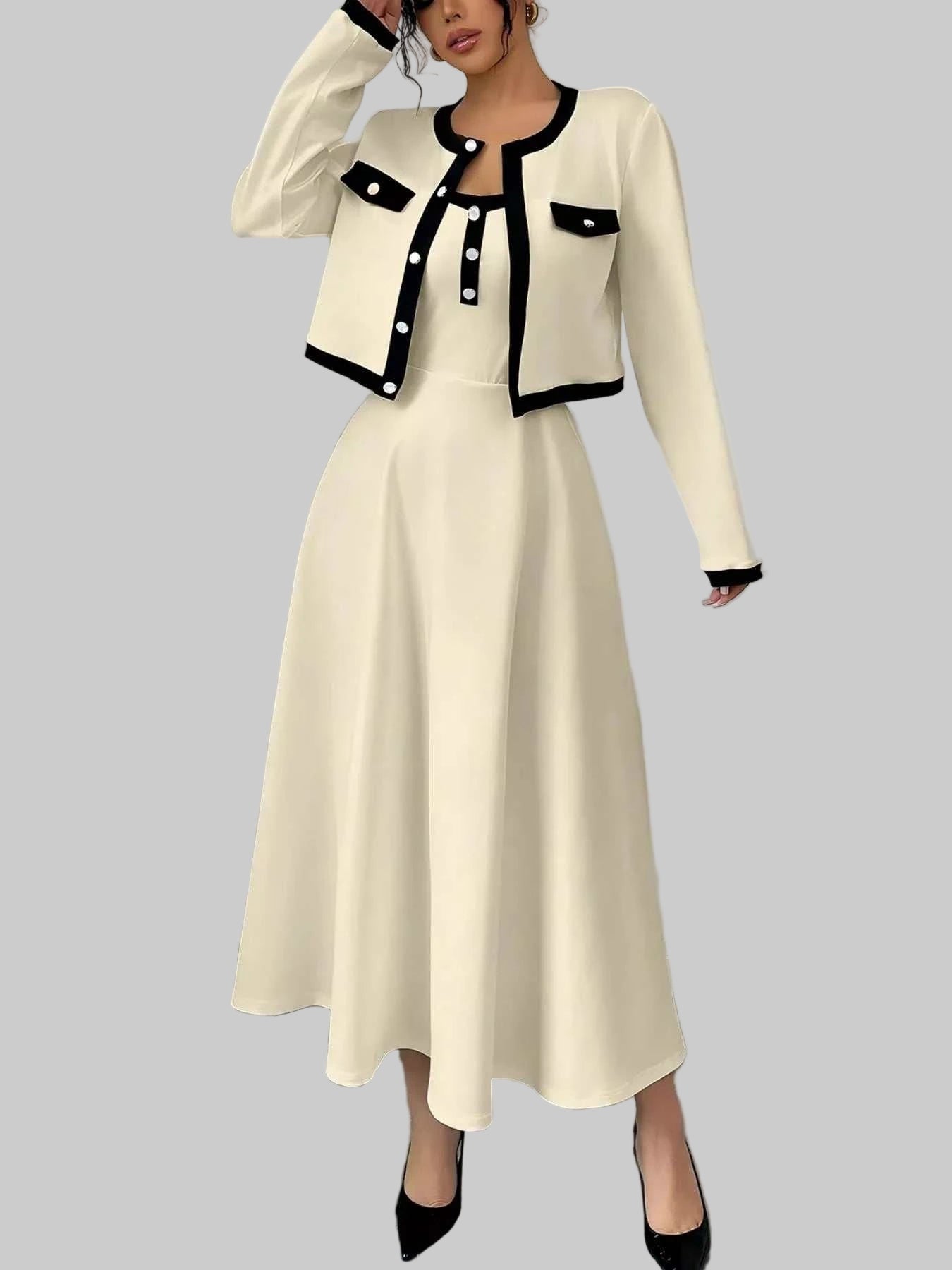 Contrast Trim Maxi Dress & Cropped Cardigan Set| JSandiclothing - Jsandiclothing.com