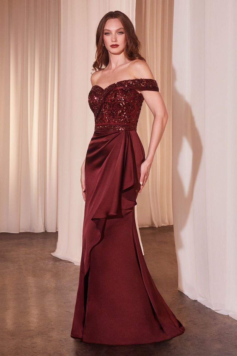 Off The Shoulder Satin & Beaded Gown | Elegant Floor-Length