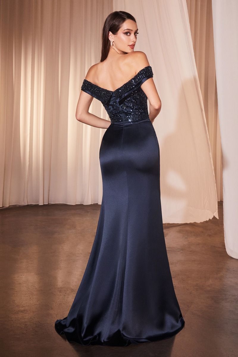 Off The Shoulder Satin & Beaded Gown | Elegant Floor-Length