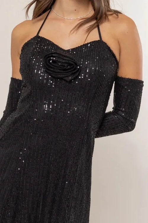 HYFVE Sequin Rosette Halter Mini Dress with sparkling sequins and elegant rosette detailing.