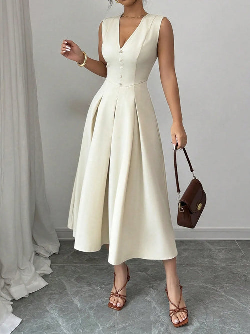 Elegant cream V-neck sleeveless midi dress with buttoned front and pleated skirt