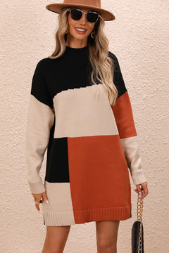 Color block mock neck mini sweater dress with dropped shoulders and long sleeves in black, beige, and rust colors