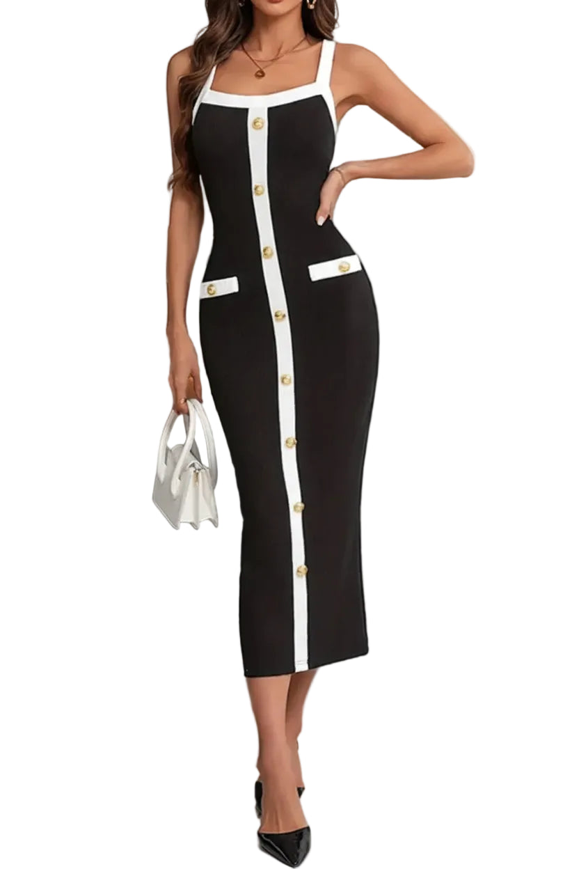 Decorative Button Contrast Trim Midi Dress - Jsandiclothing.com