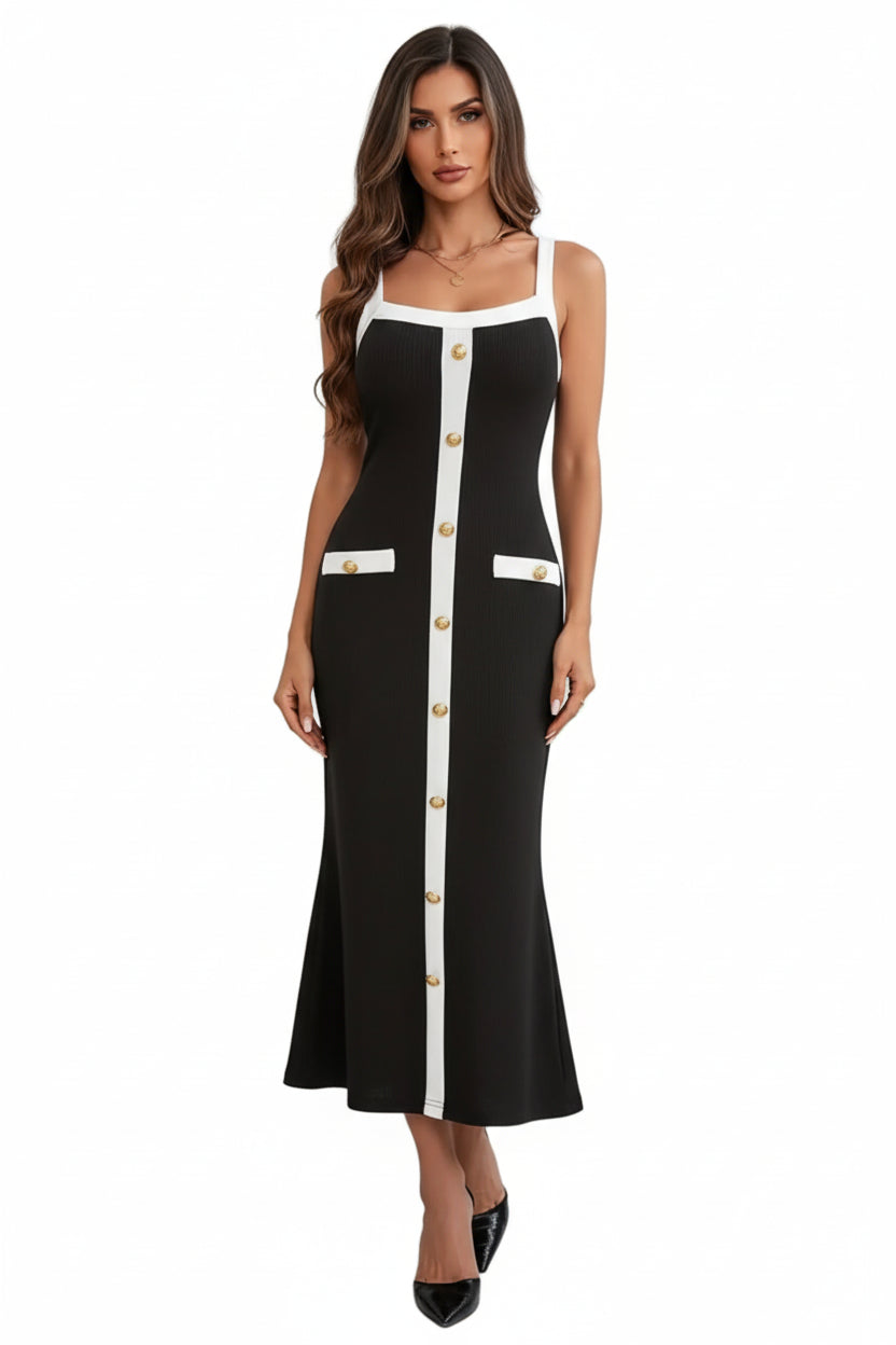 Decorative Button Contrast Trim Midi Dress - Jsandiclothing.com
