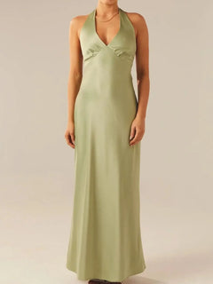 Halter neck wrap maxi dress with tie detail in green, 100% polyester.