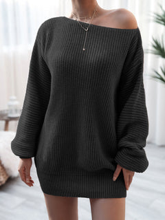 Black rib-knit mini sweater dress with off-shoulder design and long sleeves, slightly stretchy acrylic fabric, basic style for casual wear