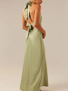Halter neck wrap maxi dress with tie detail in green, 100% polyester, machine washable.